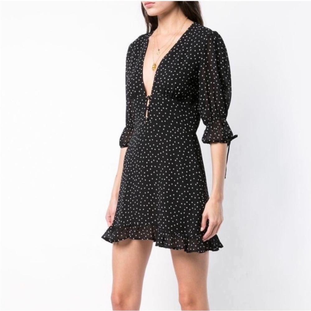 Reformation Scarlett Polka Dot Dress Mini Half Sleeve Black Ruffled Hem size 12